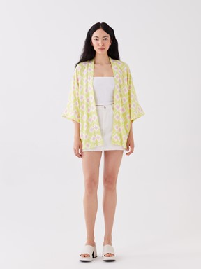 Şal Yaka Desenli Oversize Kadın Kimono LİMON YEŞİLİ BAS