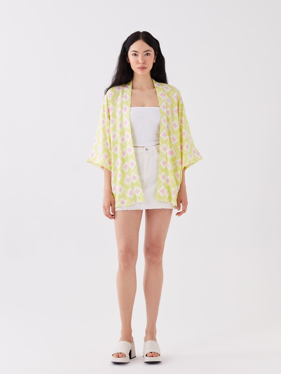 Şal Yaka Desenli Oversize Kadın Kimono LİMON YEŞİLİ BAS