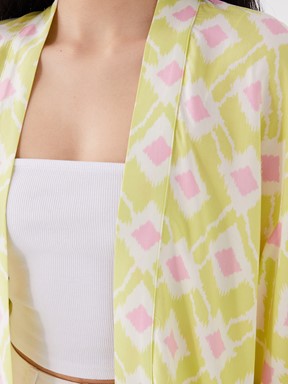 Şal Yaka Desenli Oversize Kadın Kimono LİMON YEŞİLİ BAS