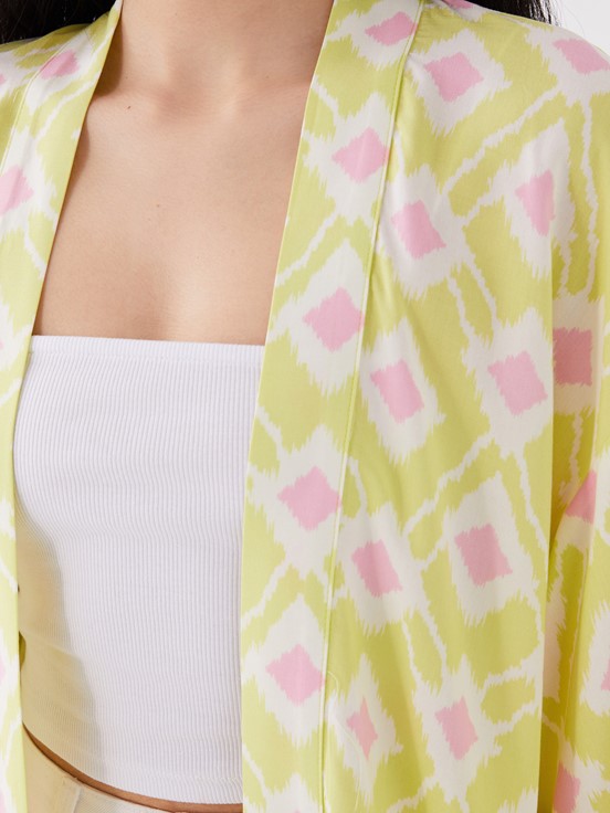 Şal Yaka Desenli Oversize Kadın Kimono LİMON YEŞİLİ BAS