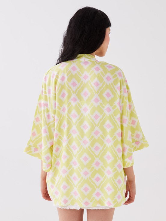 Şal Yaka Desenli Oversize Kadın Kimono LİMON YEŞİLİ BAS