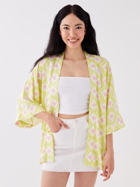 Şal Yaka Desenli Oversize Kadın Kimono LİMON YEŞİLİ BAS