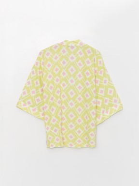 Şal Yaka Desenli Oversize Kadın Kimono LİMON YEŞİLİ BAS