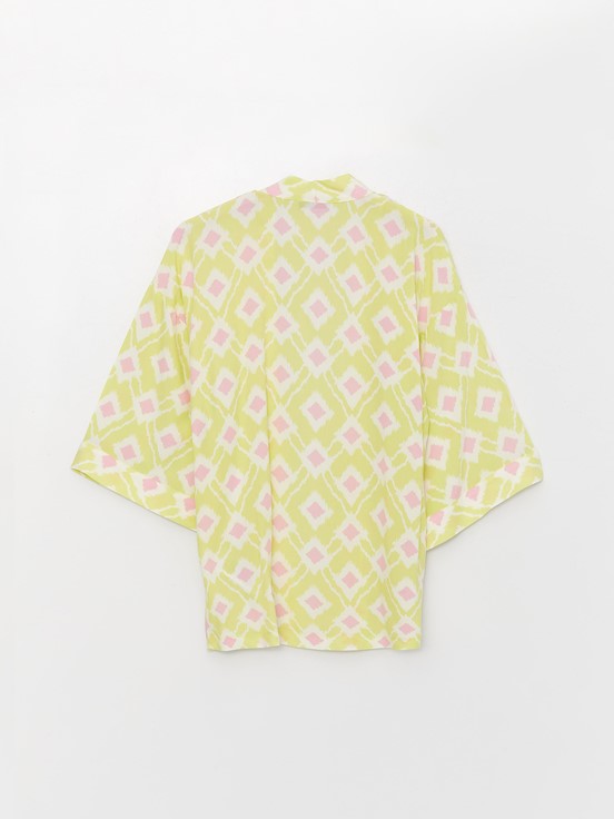 Şal Yaka Desenli Oversize Kadın Kimono LİMON YEŞİLİ BAS