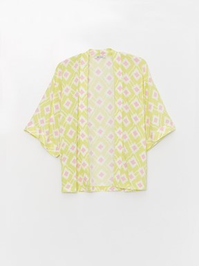 Şal Yaka Desenli Oversize Kadın Kimono LİMON YEŞİLİ BAS