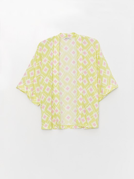 Şal Yaka Desenli Oversize Kadın Kimono LİMON YEŞİLİ BAS