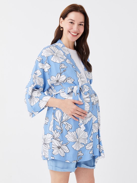 Şal Yaka Çiçekli Uzun Kollu Hamile Kimono MAVİ BASKILI