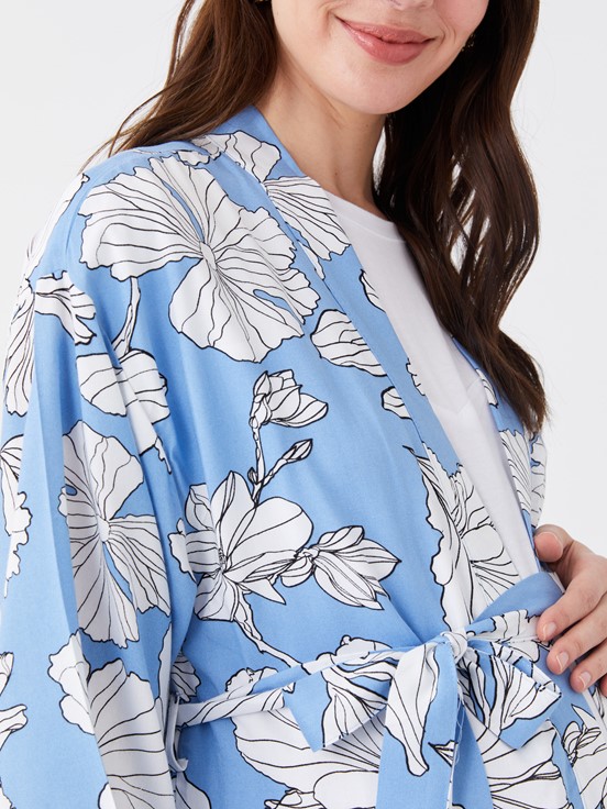 Şal Yaka Çiçekli Uzun Kollu Hamile Kimono MAVİ BASKILI