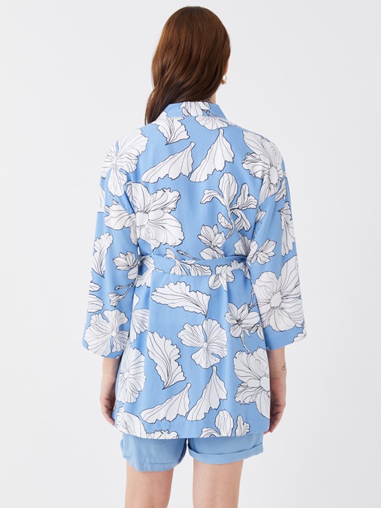 Şal Yaka Çiçekli Uzun Kollu Hamile Kimono MAVİ BASKILI