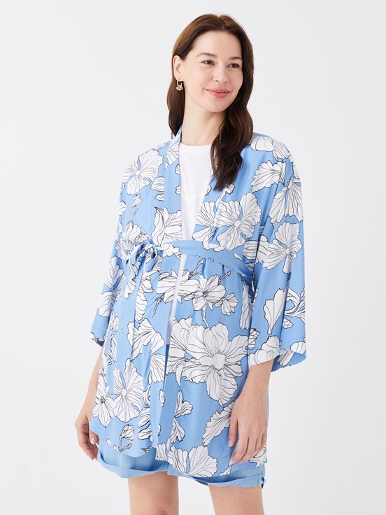 Şal Yaka Çiçekli Uzun Kollu Hamile Kimono MAVİ BASKILI