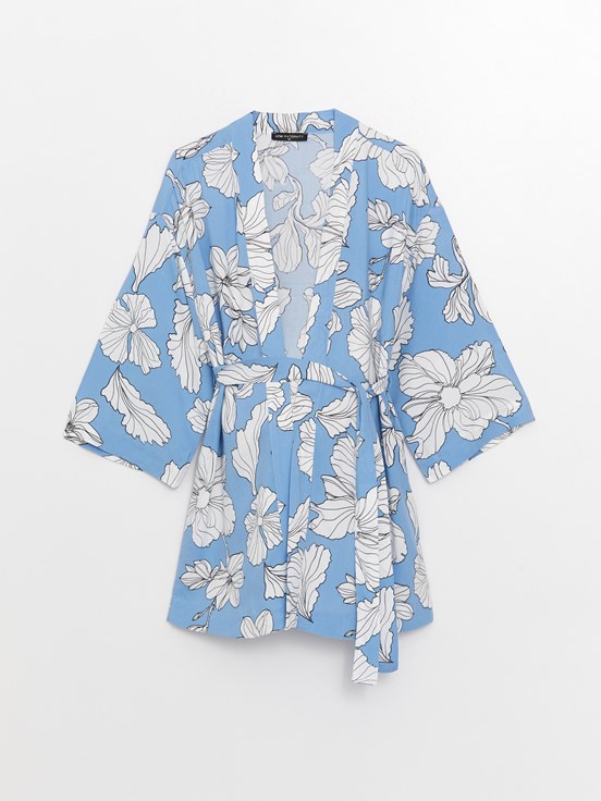Şal Yaka Çiçekli Uzun Kollu Hamile Kimono MAVİ BASKILI
