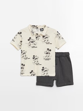 Polo Yaka Kısa Kollu Mickey Mouse Baskılı Erkek Bebek Tişört ve Şort 2'li Takım EKRU BASKILI