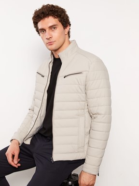 Slim Fit Dik Yaka Erkek Deri Görünümlü Mont TAŞ RENGİ