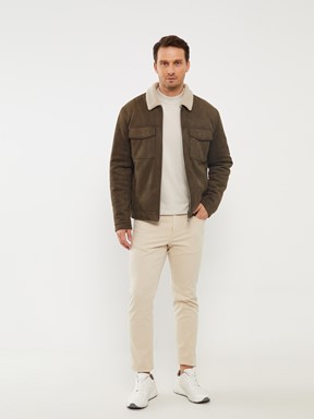 Slim Fit Kürk Yaka Süet Erkek Mont HAKİ