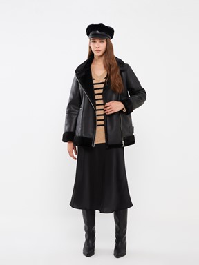 Kadın Biker Yaka Düz Deri Görünümlü Mont YENİ SİYAH