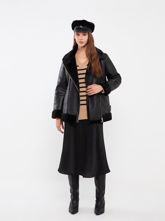 Kadın Biker Yaka Düz Deri Görünümlü Mont YENİ SİYAH