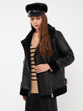 Kadın Biker Yaka Düz Deri Görünümlü Mont YENİ SİYAH