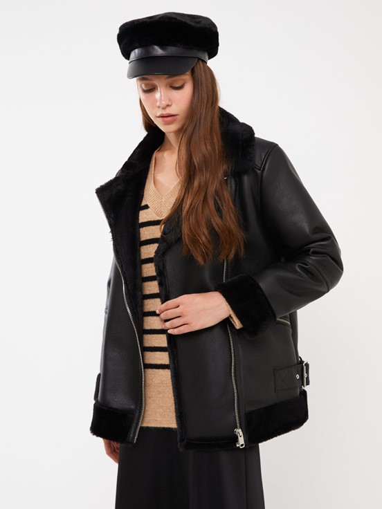 Kadın Biker Yaka Düz Deri Görünümlü Mont YENİ SİYAH