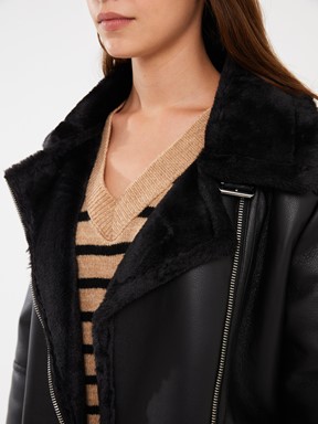 Kadın Biker Yaka Düz Deri Görünümlü Mont YENİ SİYAH