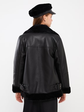 Kadın Biker Yaka Düz Deri Görünümlü Mont YENİ SİYAH