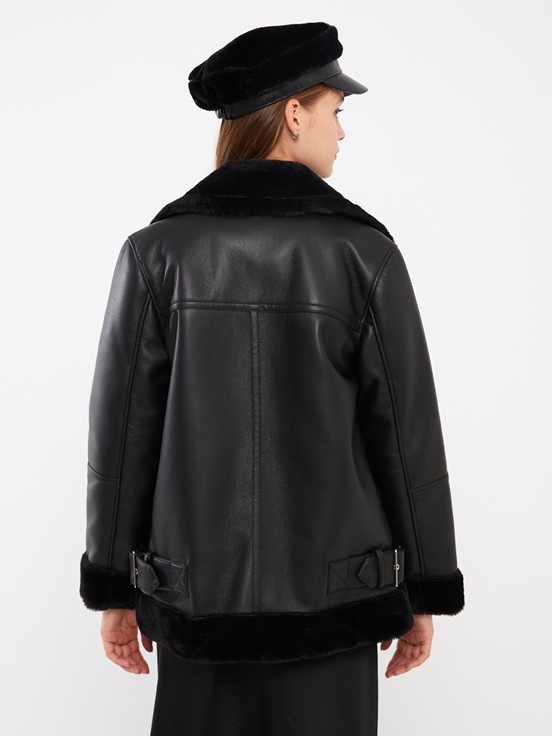 Kadın Biker Yaka Düz Deri Görünümlü Mont YENİ SİYAH