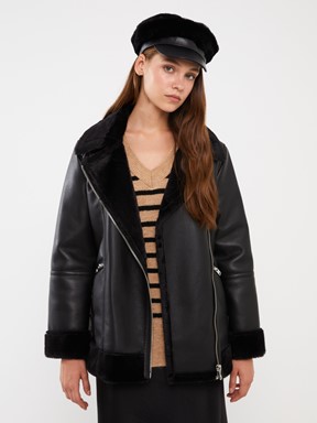 Kadın Biker Yaka Düz Deri Görünümlü Mont YENİ SİYAH