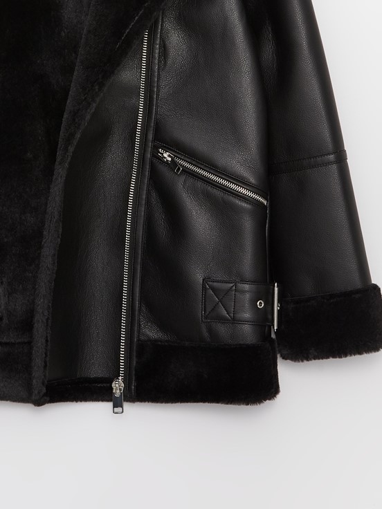 Kadın Biker Yaka Düz Deri Görünümlü Mont YENİ SİYAH