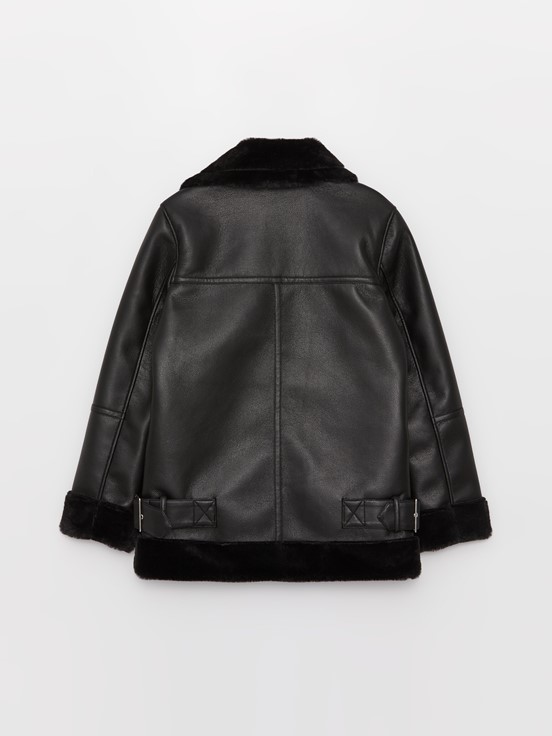 Kadın Biker Yaka Düz Deri Görünümlü Mont YENİ SİYAH