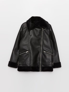 Kadın Biker Yaka Düz Deri Görünümlü Mont YENİ SİYAH