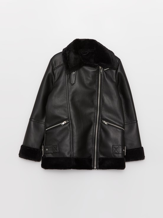 Kadın Biker Yaka Düz Deri Görünümlü Mont YENİ SİYAH