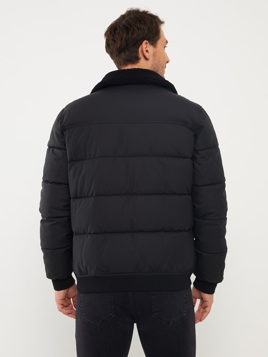 Standart Kalıp Gömlek Yaka Erkek Deri Görünümlü Mont YENİ SİYAH