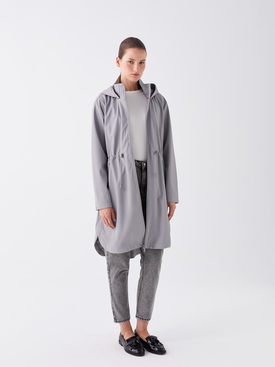 Kapüşonlu Düz Uzun Kollu Kadın Yağmurluk GRİ