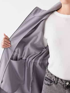 Kapüşonlu Düz Uzun Kollu Kadın Yağmurluk GRİ