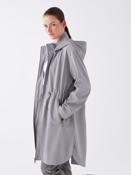 Kapüşonlu Düz Uzun Kollu Kadın Yağmurluk GRİ