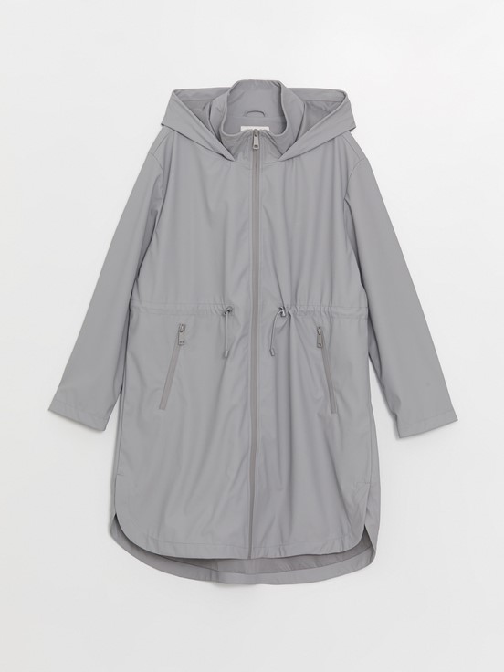 Kapüşonlu Düz Uzun Kollu Kadın Yağmurluk GRİ