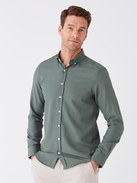 Slim Fit Uzun Kollu Oxford Erkek Gömlek KOYU YEŞİL