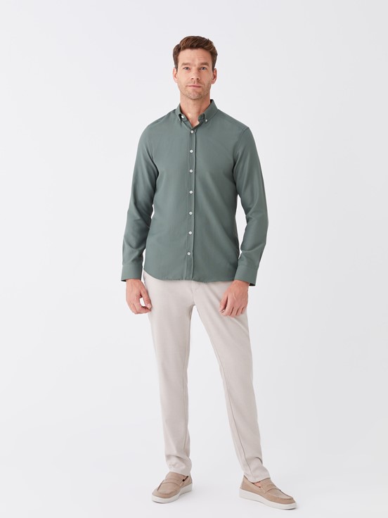 Slim Fit Uzun Kollu Oxford Erkek Gömlek KOYU YEŞİL