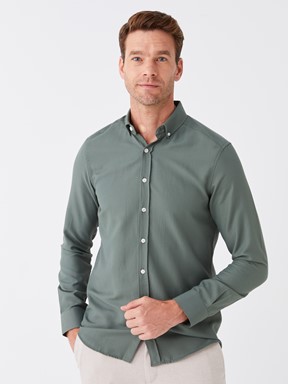 Slim Fit Uzun Kollu Oxford Erkek Gömlek KOYU YEŞİL