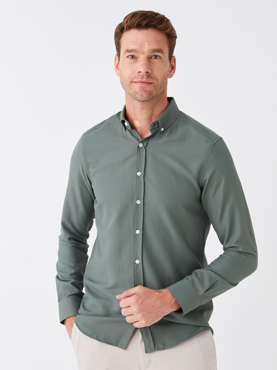 Slim Fit Uzun Kollu Oxford Erkek Gömlek KOYU YEŞİL