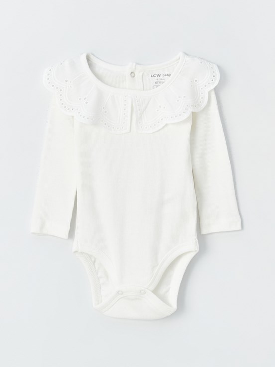 Bebe Yaka Uzun Kollu Kız Bebek Çıtçıtlı Body OPTİK BEYAZ