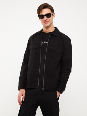 Regular Fit Uzun Kollu Gabardin Erkek Gömlek Ceket YENİ SİYAH