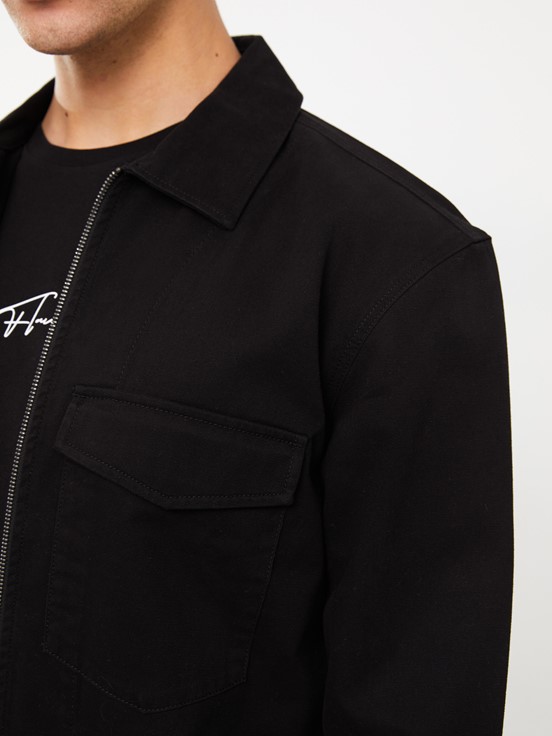 Regular Fit Uzun Kollu Gabardin Erkek Gömlek Ceket YENİ SİYAH