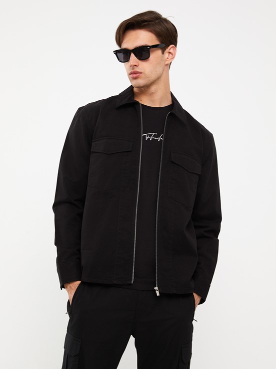 Regular Fit Uzun Kollu Gabardin Erkek Gömlek Ceket YENİ SİYAH