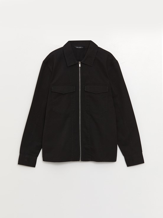 Regular Fit Uzun Kollu Gabardin Erkek Gömlek Ceket YENİ SİYAH
