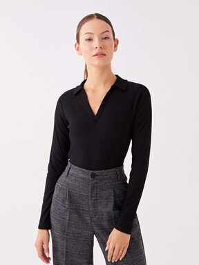 LCW CASUAL Polo Yaka Düz Uzun Kollu Kadın Tişört YENİ SİYAH