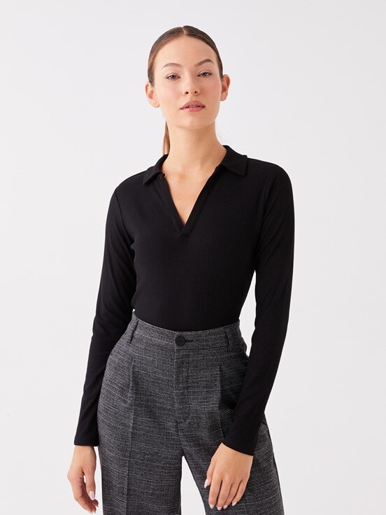 LCW CASUAL Polo Yaka Düz Uzun Kollu Kadın Tişört YENİ SİYAH