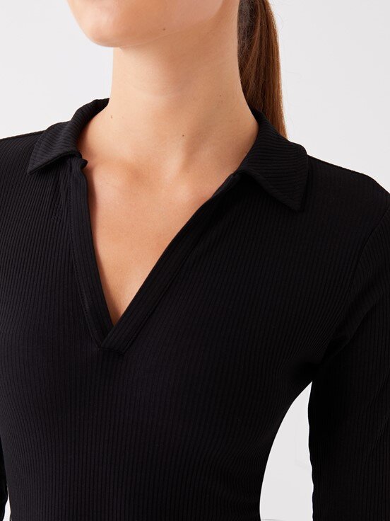 LCW CASUAL Polo Yaka Düz Uzun Kollu Kadın Tişört YENİ SİYAH