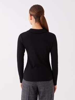 LCW CASUAL Polo Yaka Düz Uzun Kollu Kadın Tişört YENİ SİYAH
