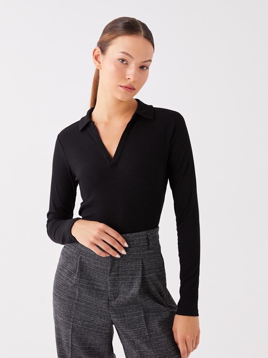 LCW CASUAL Polo Yaka Düz Uzun Kollu Kadın Tişört YENİ SİYAH