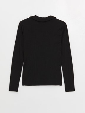 LCW CASUAL Polo Yaka Düz Uzun Kollu Kadın Tişört YENİ SİYAH
